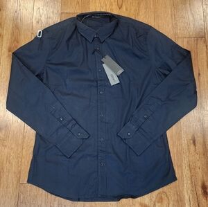 NWT Gaudi Classic Stretch Cotton Navy Blue Button Up Long Sleeve Shirt. XXL